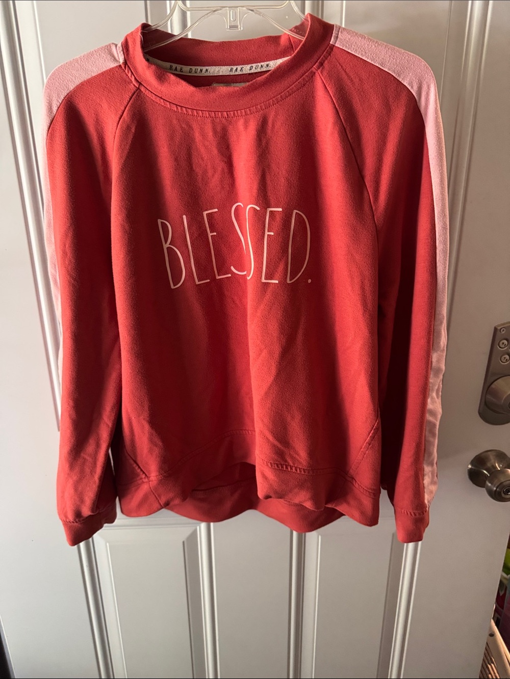 Rae Dunn Coral Red Kids Sweatshirt with Light Pink Shoulder Stripes